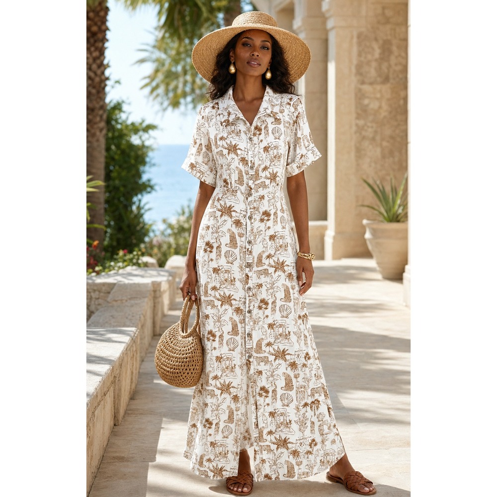 Safari‎ Tropical Print Maxi Dress Medium Cream Tan Viscose Vacation O'Neill